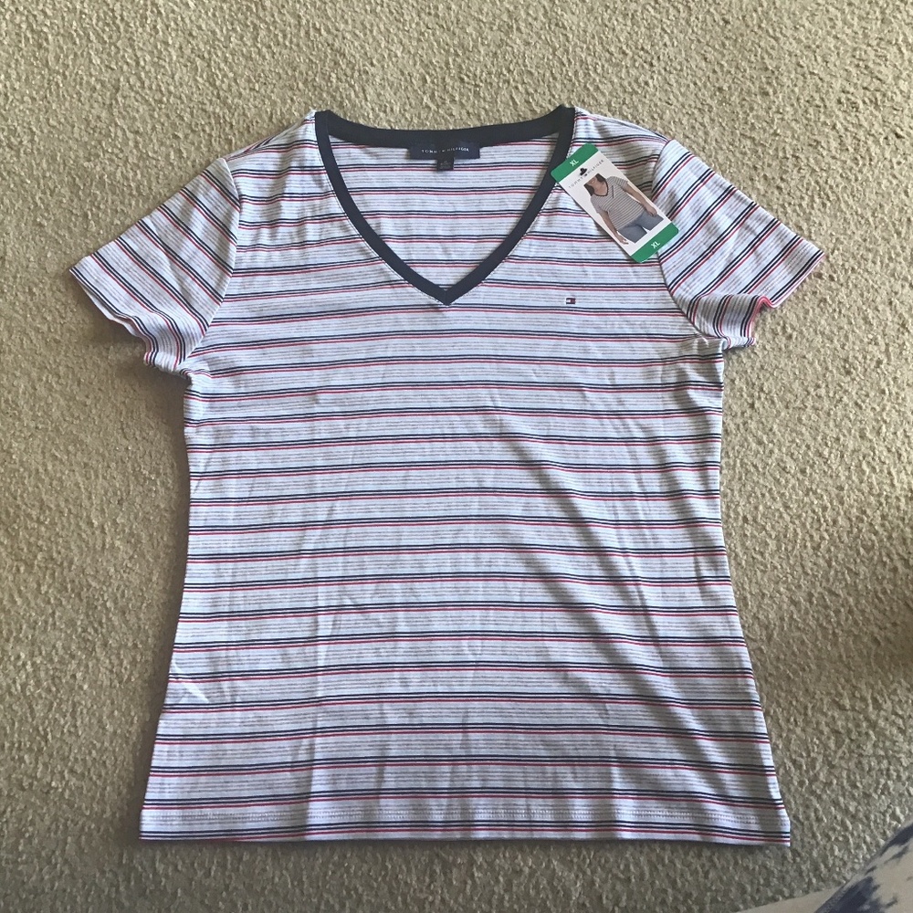 Tommy Hilfiger Womens T-Shirt Multicolor Gray Striped Short Sleeve V Neck xl